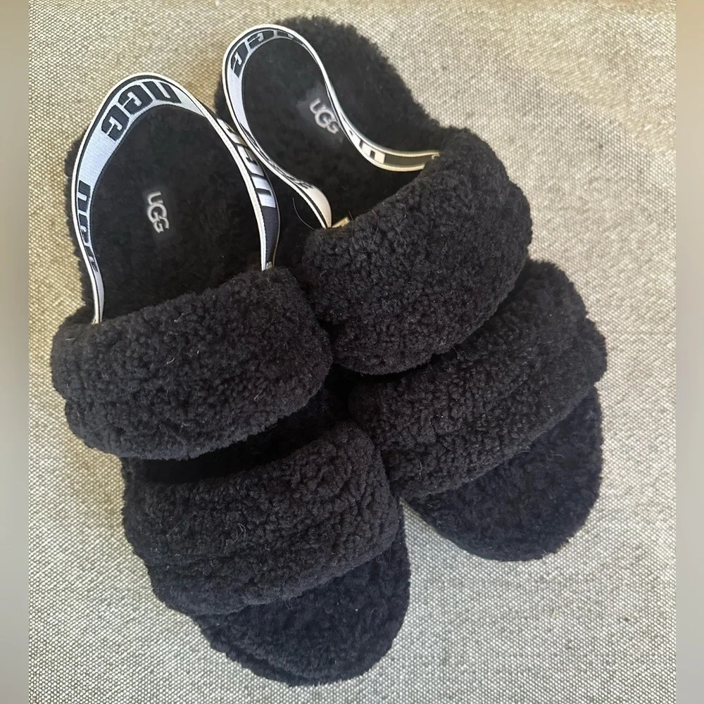UGG “Oh Fluffita” Black Platform Slingback Slippers Size 10 Like New!